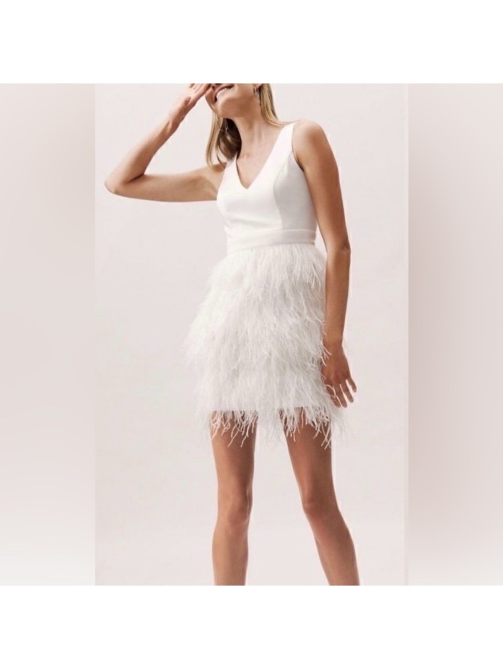 Minuet Petite White V-Neck Feather-Trim Mini Dress